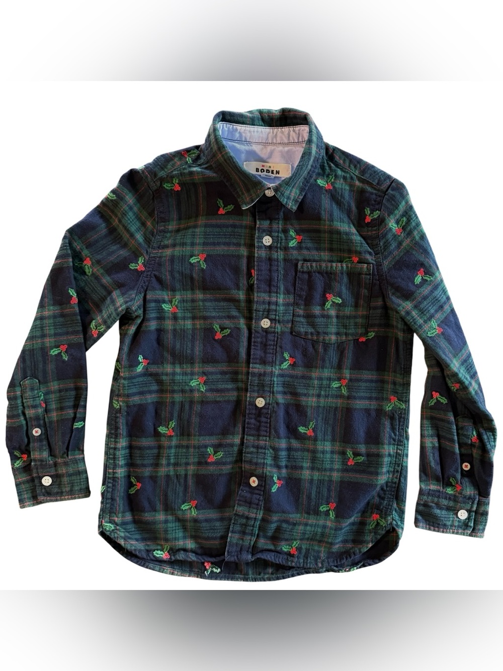 Mini Boden Green Plaid Holly
Christmas Shirt 8-9 Y